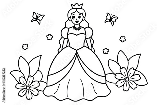 Smiling young princess with crown stands amidst outlined floral and butterfly elements on white