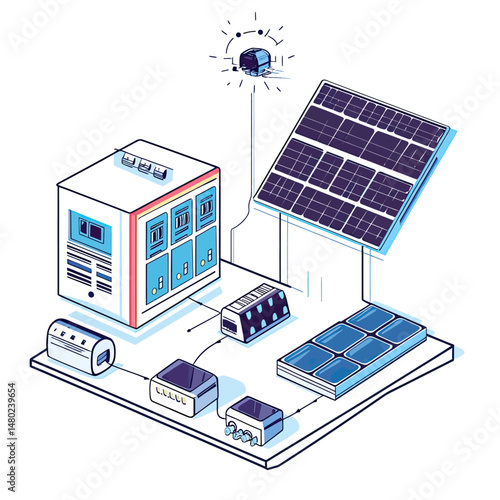 Solar power energy system diagram with photovoltaic panel battery bank inverter controller and electrical load in flat style vector schematic
