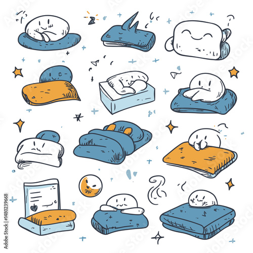 Cute cartoon mattress characters with expressive faces resting on pillows and beds in cozy sleeping positions, doodle sketch style vector illustration set for sleep and relaxation concepts