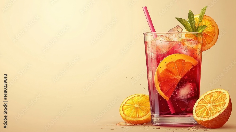 Fototapeta premium Refreshing Citrus Beverage with Ice and Orange Slices on a Soft Neutral Background