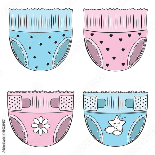 Cartoon-style baby absorbent diapers. Vector illustration for packaging diapers and other products for newborns