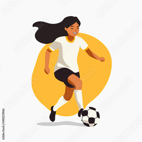 Girl playing soccer kicking black and white soccer ball with flowing hair in minimalistic flat vector illustration style on white background with yellow shape