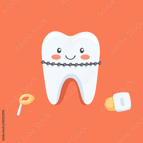 Cute smiling tooth with braces orthodontic appliance and dental tools on orange background flat vector illustration for oral care and dentistry concept design