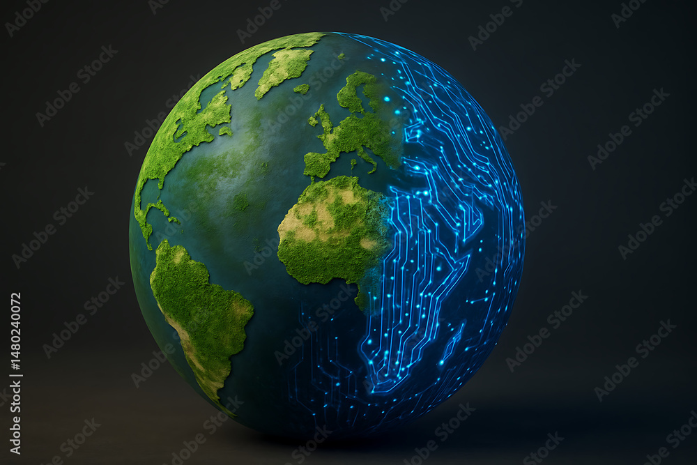 Fototapeta premium Earth Globe Half Nature Half Technology - Global Ecology Digital Concept Stock Photo