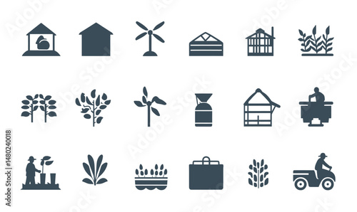 Farm agriculture icons set including greenhouse, crops, windmill, farmer, tractor, plant growing, seedling, and field in simple flat vector style for farming concepts