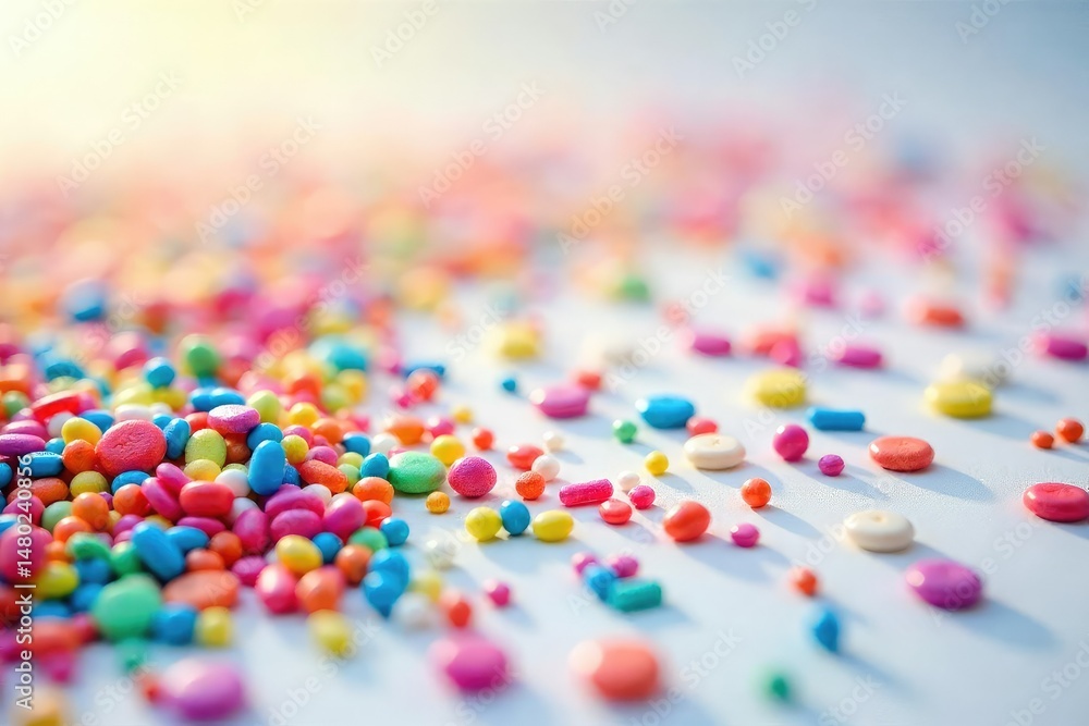 Vibrant rainbow colored sprinkles scattered on a bright background , colorful texture, pastel Vibrant rainbow colored sprinkles scattered on a bright background , colorful texture, pastel