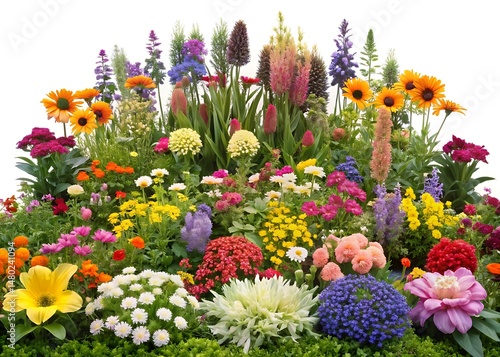 Large foreground flowerbed with different blooming flowers and plants isolated on white background