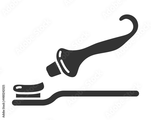 Minimalist icon of a toothpaste tube applying paste to a toothbrush. Symbolizes dental hygiene, oral care, health. Ideal for wellness content, apps,  educational material.