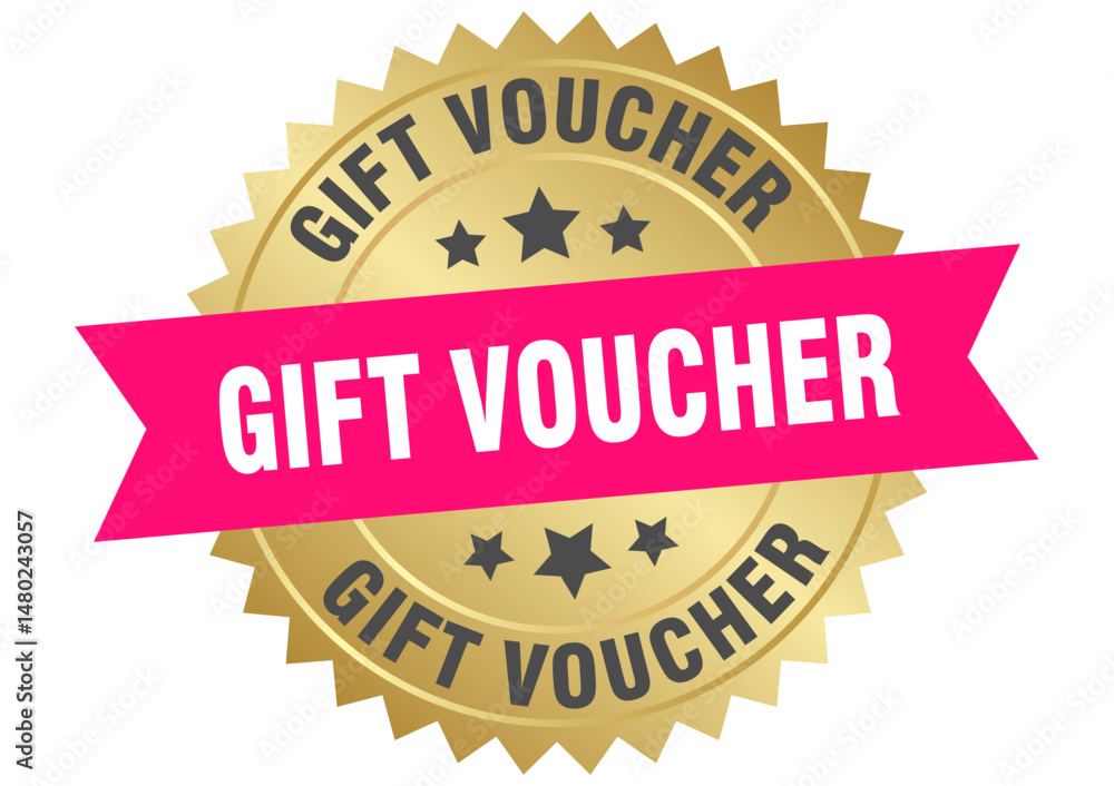Obraz premium gift voucher. gift voucher round pink and gold label isolated on transparent background