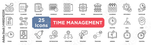 time management icon collection set. Containing productivity,planning,deadline,schedule,prioritization,focus,organization,calendar,efficiency,discipline icon. Simple line vector.	