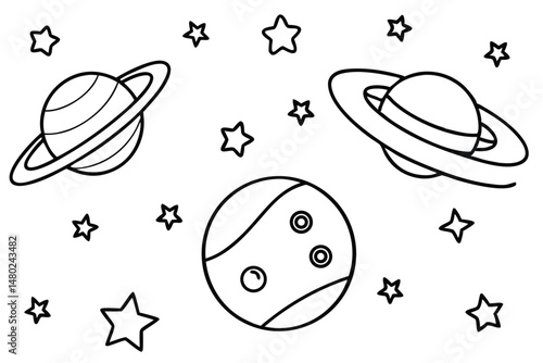 Two outlined planets feature large rings and several outlined stars float on white