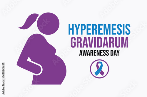 Hyperemesis Gravidarum Awareness Day poster vector illustration. Pregnant woman and purple blue awareness ribbon symbol. Expectant mother icon. Template for background, banner, card. Important day