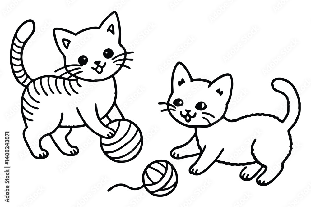 Two playful outlined cartoon cats are enjoying yarn balls with transparent background Two playful outlined cartoon cats are enjoying yarn balls with transparent background
