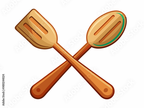 A flat vector illustration of a wooden spoon and spatula crossed together. White background, simple kitchen utensil concept