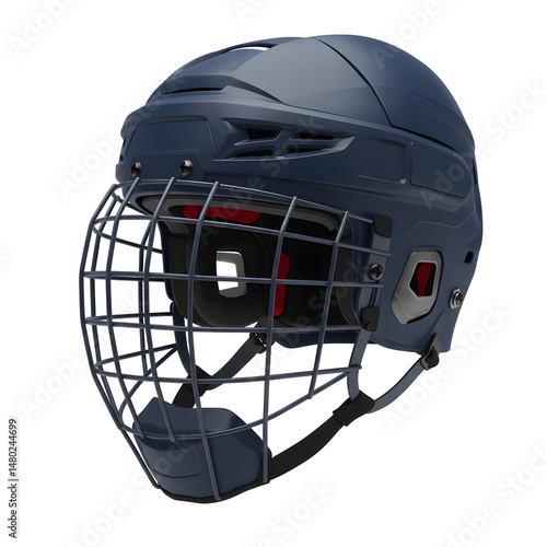 Navy blue ice hockey helmet with full cage on transparent background