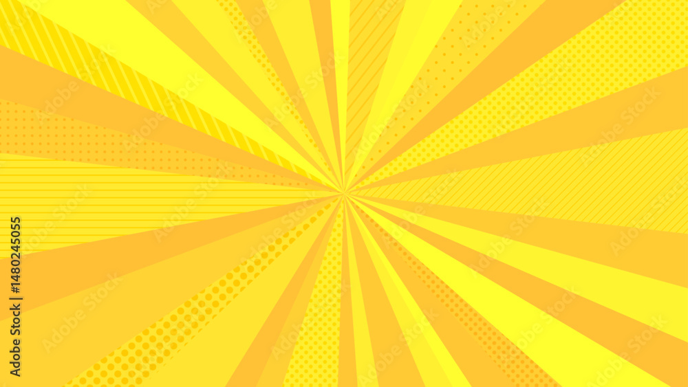 Obraz premium Yellowpop sunburst background with polka dots. Pop bright concentrated line background and promotional template.
