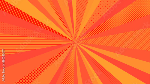 Red pop sunburst background with polka dots. Pop bright concentrated line background and promotional template.