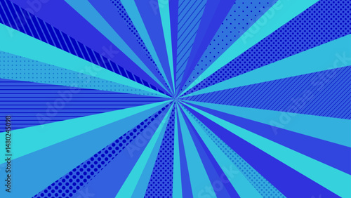 Blue pop sunburst background with polka dots. Pop bright concentrated line background and promotional template.