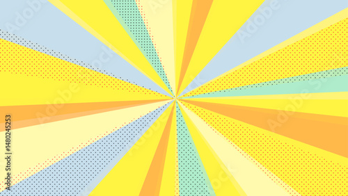 Colorful and pop sunburst background with polka dots. Pop and bright concentrated line background and promotional template.