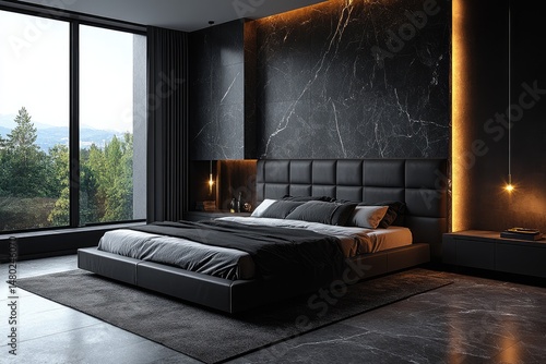Modern bedroom interior design with dark accents.