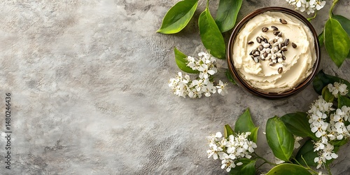 Wallpaper Mural Elegant food bowl with cream, adorned with white blossoms and lush green foliage atop a marble surface Torontodigital.ca