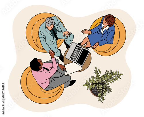 Top view colored sketch of business team members sitting in lounge zone, working on laptops, shaking hands, brainstorming, discussing ideas, and communicating during office meeting