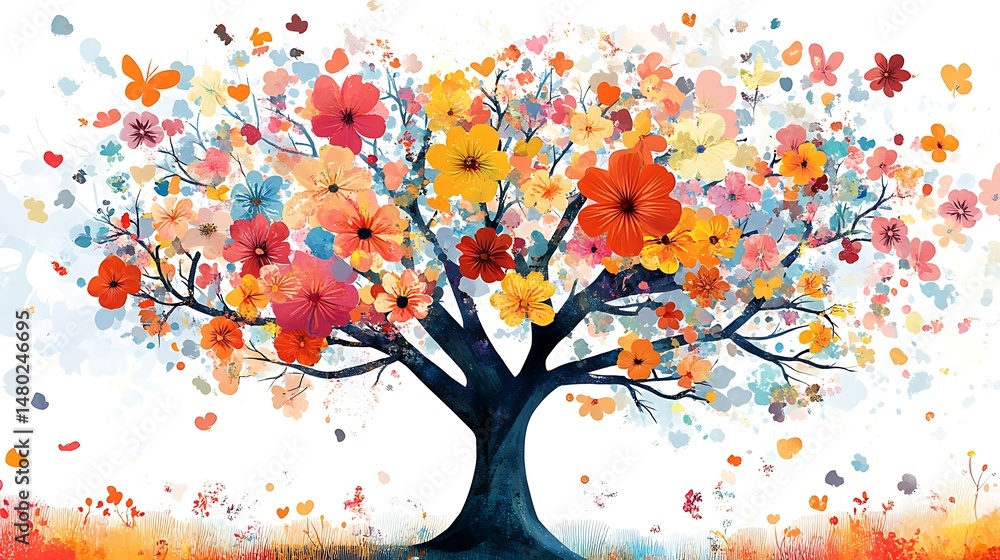Fototapeta premium Vibrant tree with colorful flowers on a white background