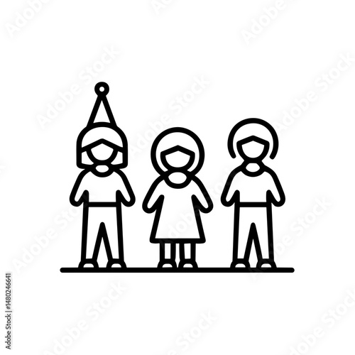 Three children wearing costumes standing together in a playful setting  