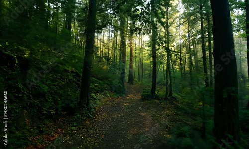Peaceful forest, light through trees. Earth Day.