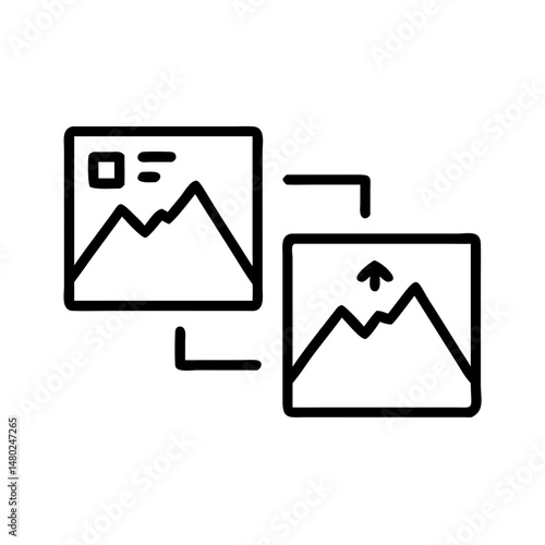 line icon of image upload and exchange between two picture frames, representing user content sharing and visual customization, black and white minimal vector