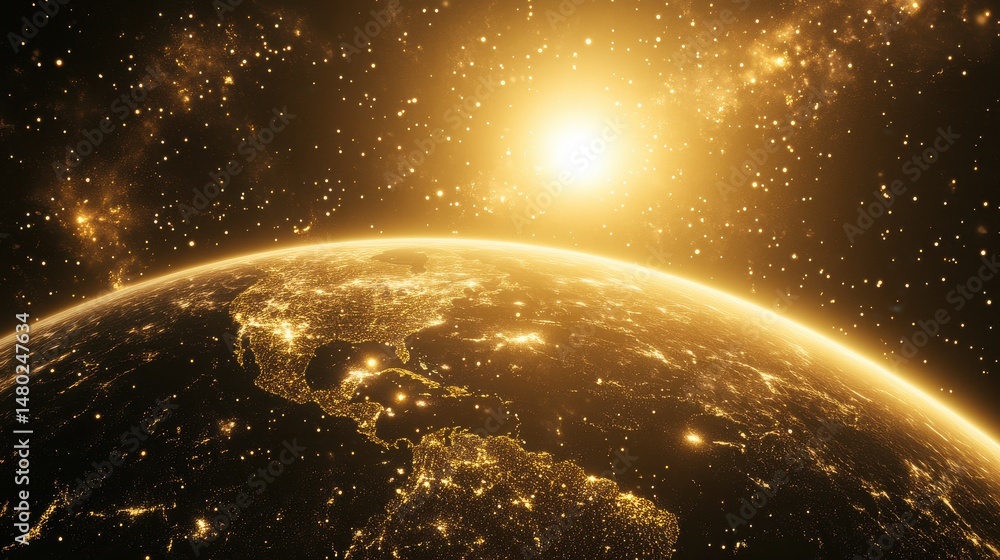 Obraz premium Celestial View of Earth at Night with Glimmers of Golden Light