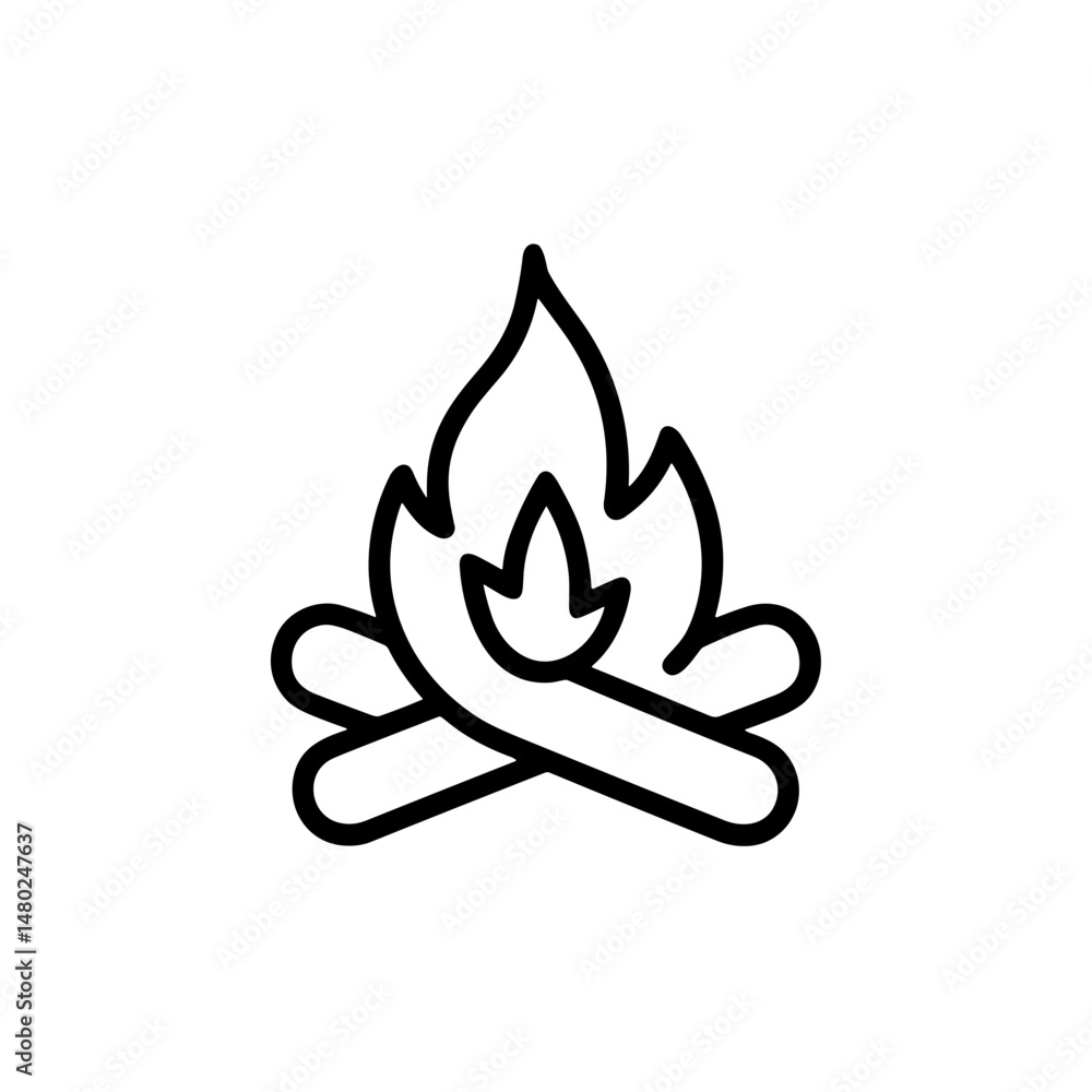 Campfire icon with flames and logs in simple line art style Campfire icon with flames and logs in simple line art style