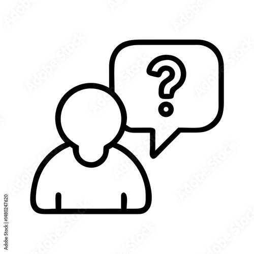 line icon of user with question mark in speech bubble, representing inquiry, help request, or customer uncertainty, black and white minimal vector
