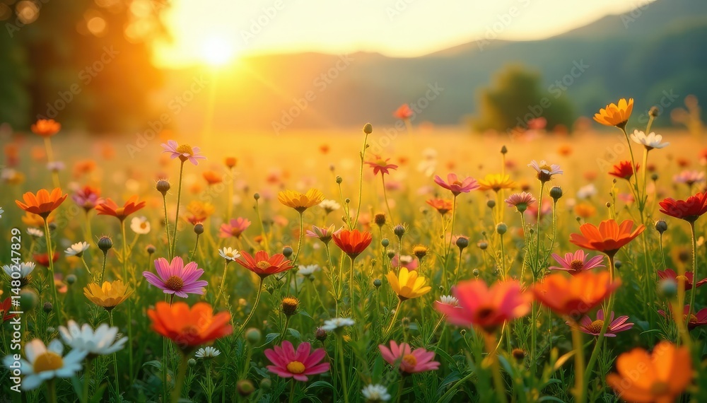 Golden sunlight bathes a field of wildflowers, vibrant colors abound , day, golden Golden sunlight bathes a field of wildflowers, vibrant colors abound , day, golden