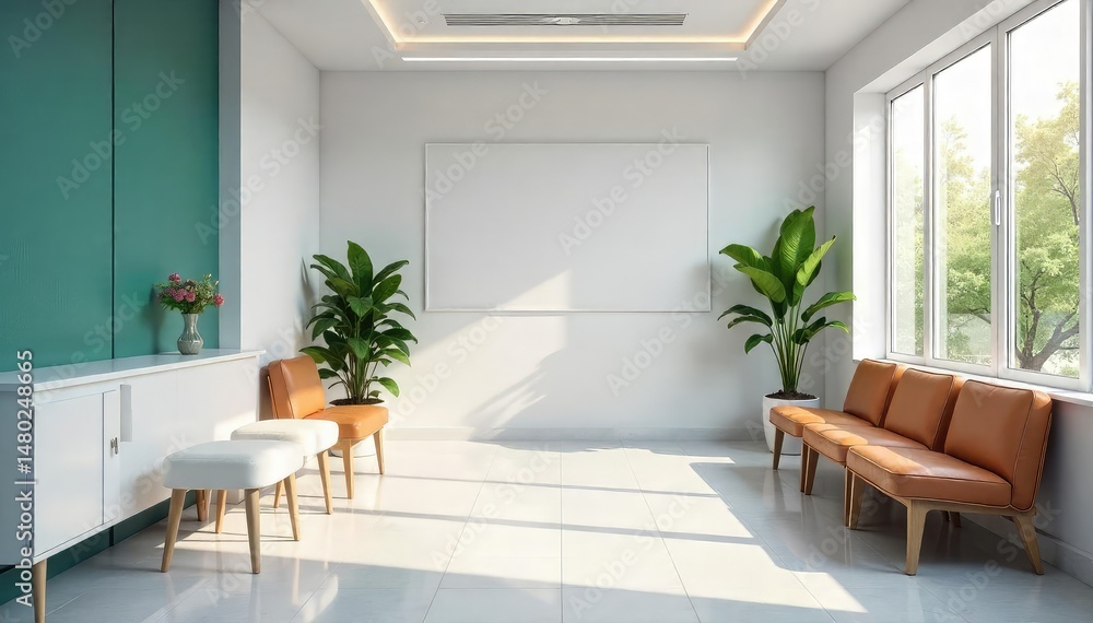 Naklejka premium Modern, bright doctor's surgery waiting area with comfortable seating and natural light , modern, interior design