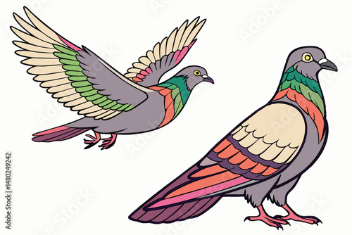 25 colorful pigeons, vibrant birds, feathers with rainbow gradient, stunning avian imagery, detailed realistic digital art, cinematic lighting, hyper detailed, sharp focus