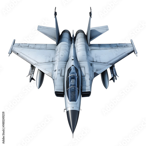 A detailed, high-angle, full shot of a sleek, modern military fighter jet.