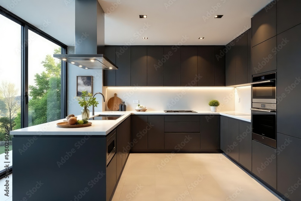 Fototapeta premium Sleek modern kitchen with stainless steel appliances and minimalist design , modern kitchen, wood, luxury