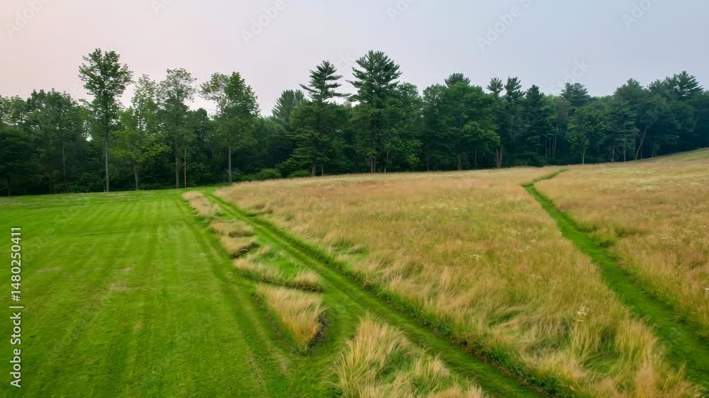 Drone Shot Over Lawn and Field with Paths Drone Shot Over Lawn and Field with Paths