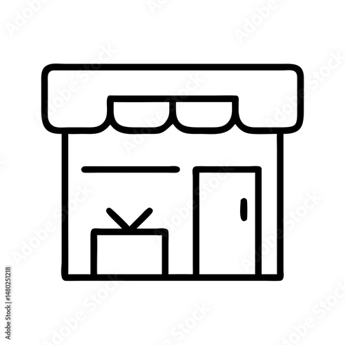 line icon of storefront with display window and awning, representing retail shopping experience, minimal black and white vector illustration