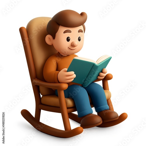 Cartoon Character in Rocking Chair Enjoying a Book in Relaxation