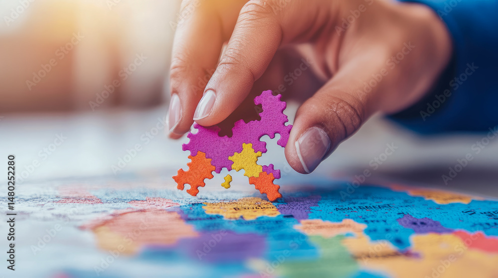 Fototapeta premium Global Strategy: Hand Placing Colorful Puzzle Piece on a World Map, Connecting the Dots for International Business Expansion