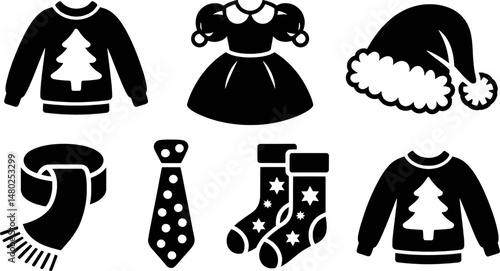 Black and white christmas apparel icons including sweater dress santa hat socks tie and scarf