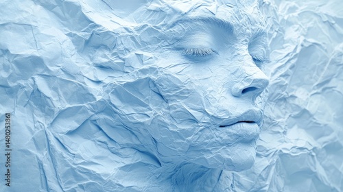 Serene face, blue paper texture, studio, calm background, beauty ad