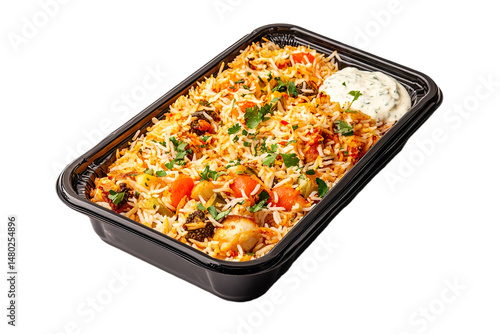 Aromatic chicken or vegetable biryani served with a side of cool raita, placed in a black plastic rectangular parcel box isolated on transparent background