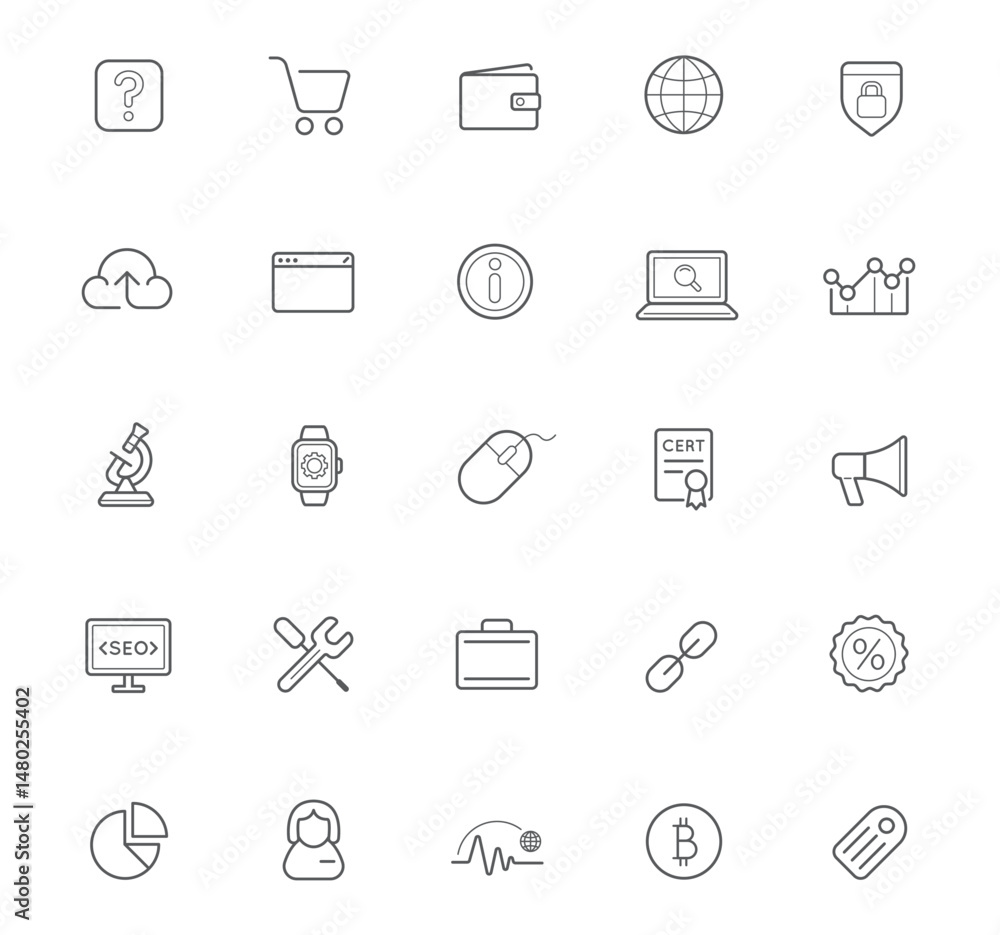 Neatly arranged collection of various outline icons Neatly arranged collection of various outline icons