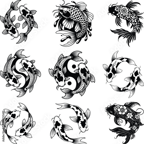 Koi Fish Yen Yang Svg Bundle, Koi Fish Stencil, Fishing Svg