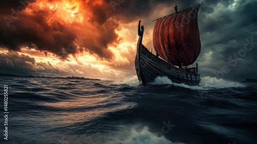 Viking-Inspired Ocean Scene Featuring a Boat with a Red Sail