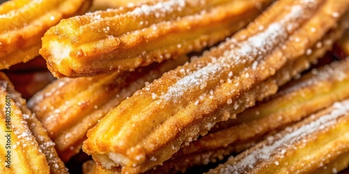 A close-up of crispy, golden churros dusted with powdered sugar, showcasing the intricate details of their fried exterior and invitingly sweet texture