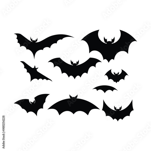 Bat Silhouette Clipart Set Black on White Background